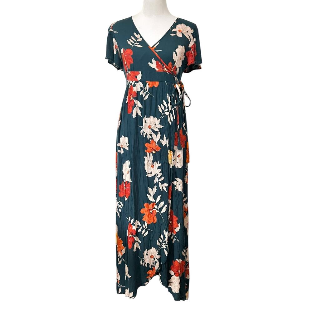 Patrons of Peace Dress Floral Maxi Faux Wrap Green Pink Short Sleeve V-Neck Sz M